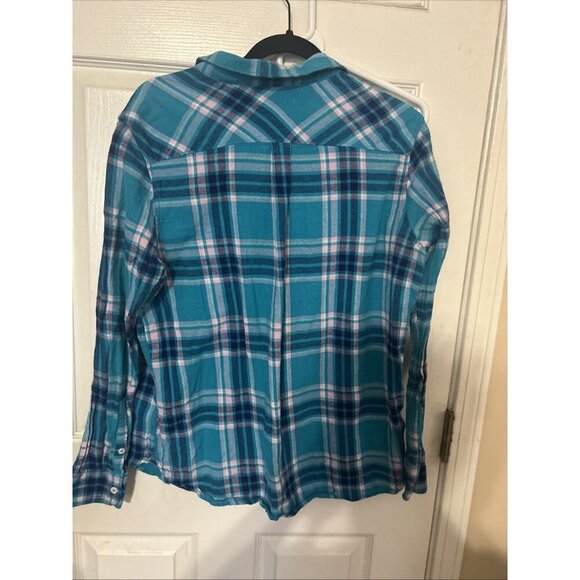 Woolrich Shirt Women XL Long Sleeve Button Up Plaid Flannel Blue Teal Pockets - Picture 4 of 4